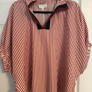 Entro Red and White Striped Tunic with Contrast V-Neck